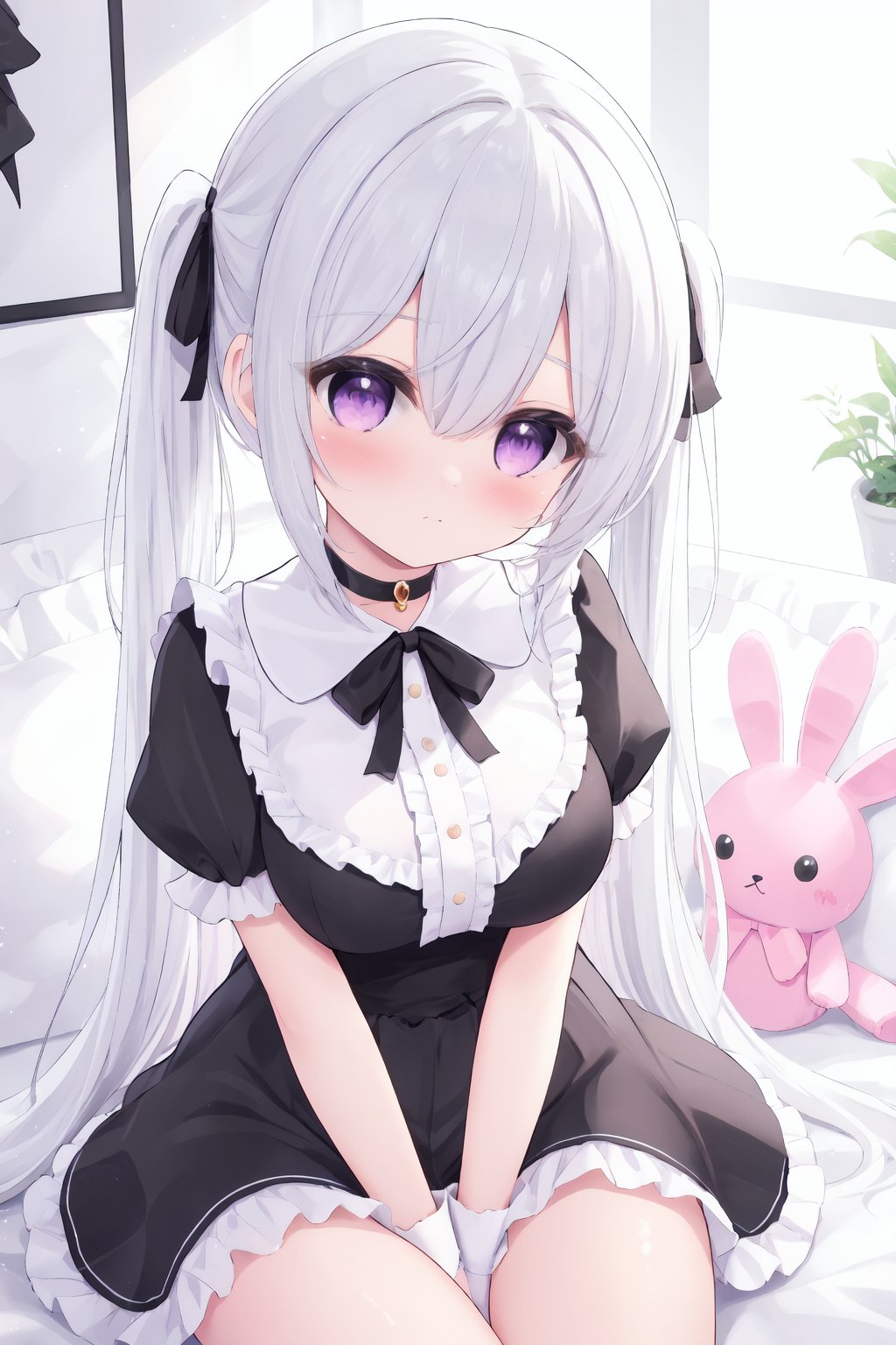 1girl,solo,purple eyes,stuffed toy,stuffed bunny,stuffed animal,long hair,dress,looking at viewer,sitting,breasts,bangs,short sleeves,frills,black dress,frilled dress,ribbon,puffy sleeves,blush,hair ribbon,white hair,hair between eyes,puffy short sleeves,bow,closed mouth,very long hair,black bow,medium breasts,black ribbon,twintails,choker,holding stuffed toy,on bed,