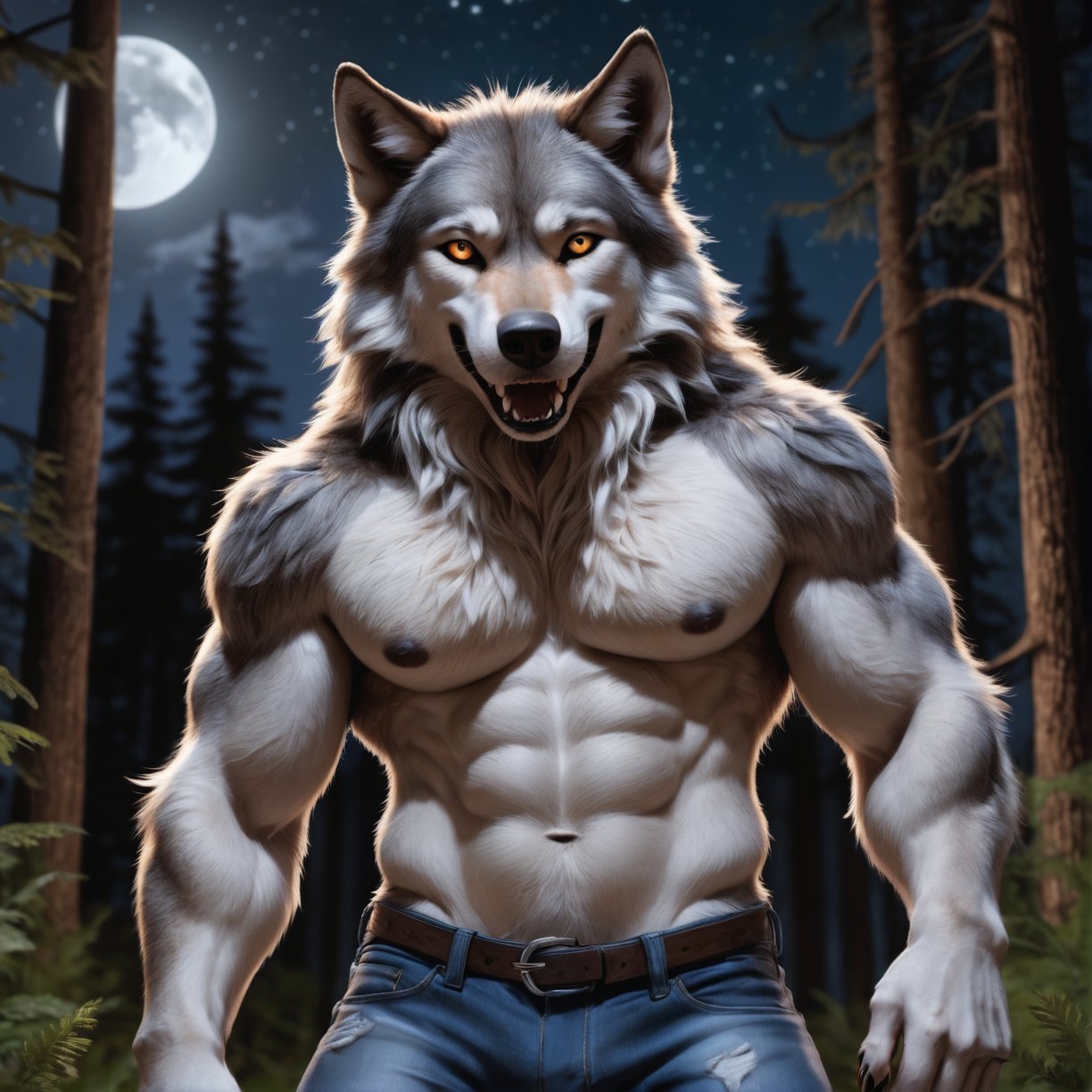 photo  closeup, best quality,  anthro male wolf, in a forest at night, ((detailed fluffy full body fur)),, fangs, epic night sky, full moon, wearing jeans 