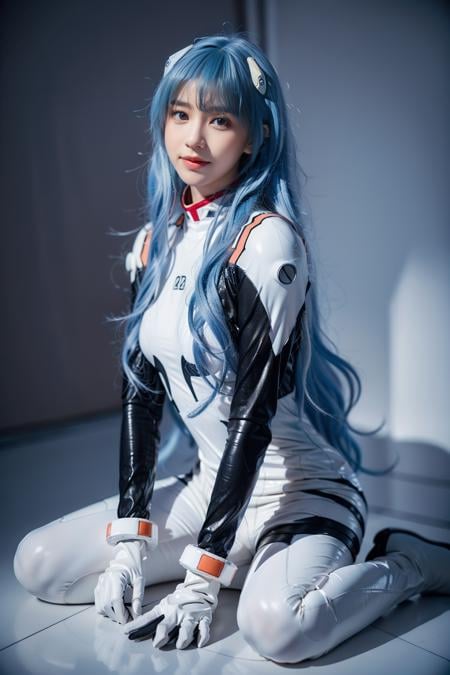 best quality, masterpiece, photorealistic, 1girl, solo, looking at viewer, bangs, full body, wariza, closed mouth, expressionless, ayanami_cosplay_costume, plugsuit, blue hair, ayanami rei, pilot suit, cosplay, long hair, interface headset, hairpods, gloves, bracer, skin tight, simple background, <lora:ayanami_cosplay_costume_v2:0.65>