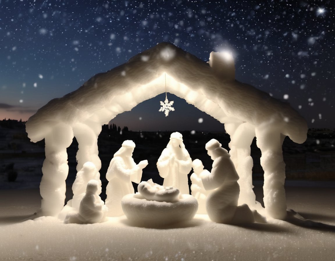 <lora:Aether_Snow_v1_SDXL_LoRA:1.0> photo of the nativity scene made of snow, in jerusalem desert, nightly cinematic