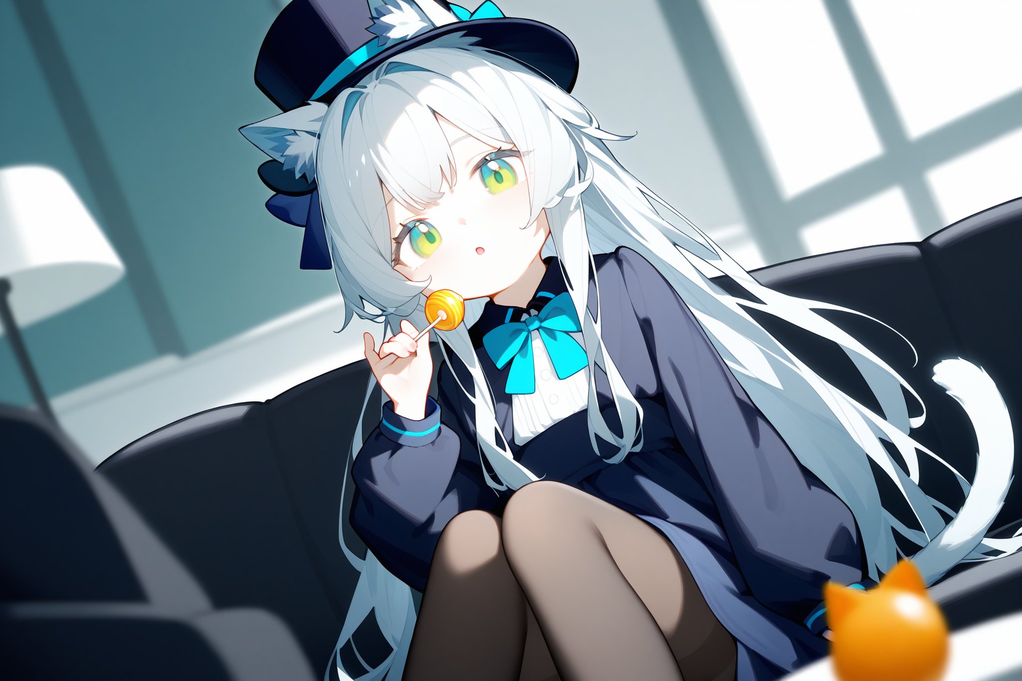 1girl, animal ears, solo, food, hat, candy, tail, holding, cat ears, green eyes, lollipop, cat tail, dress, pantyhose, long hair, holding food, long sleeves, holding candy, looking at viewer, holding lollipop, cat girl, blue headwear, black pantyhose, bow, animal ear fluff, feet out of frame, blurry, on couch, black dress, hair between eyes, couch, very long hair, grey hair, indoors, depth of field, blue bow, window, puffy sleeves, puffy long sleeves, rosmontis \(arknights\), sitting, knees up, black headwear, blurry background, open mouth, :o, blue dress, ribbon, top hat, hand up, blurry foreground, white hair, blue ribbon, hat bow, table, parted lips, collared dress, knees together feet apart, official alternate costume, eating, bowtie