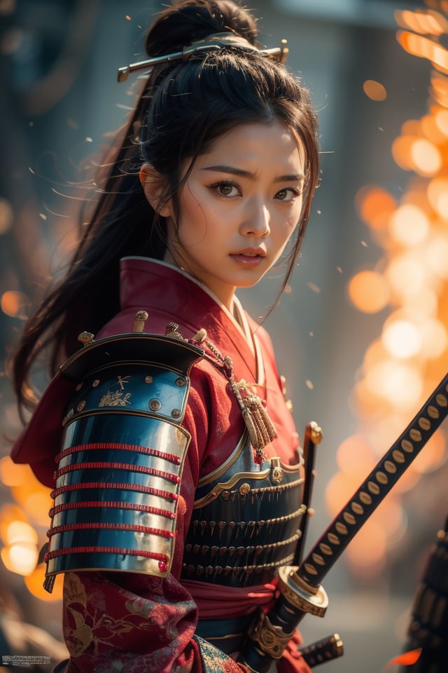 Akira Kurosawa's cinematic style poster,A 28-year-old girl,full body shoot,embodying the spirit of a Samurai from the Warring States Period in Japan. Brightly colored,with a backdrop of war,She wears traditional samurai armor adorned with intricate details,holding a katana with determination,The falling smoke of gunpowder,symbolizing the beauty amidst conflict,Detailed,historical,and with a touch of elegance,cinematic,detailed,style dominated by red,minimalist composition shimmer,edge ligh,best quality,masterpiece,an extremely delicate and beautiful,CG,unity,8k wallpaper,Amazing,finely detail,masterpiece,official art,extremely detailed CG unity 8k wallpaper,incredibly absurdres,huge filesize,ultra-detailed,highres,extremely detailed,<lora:Samurai_20240302050726:0.8>,