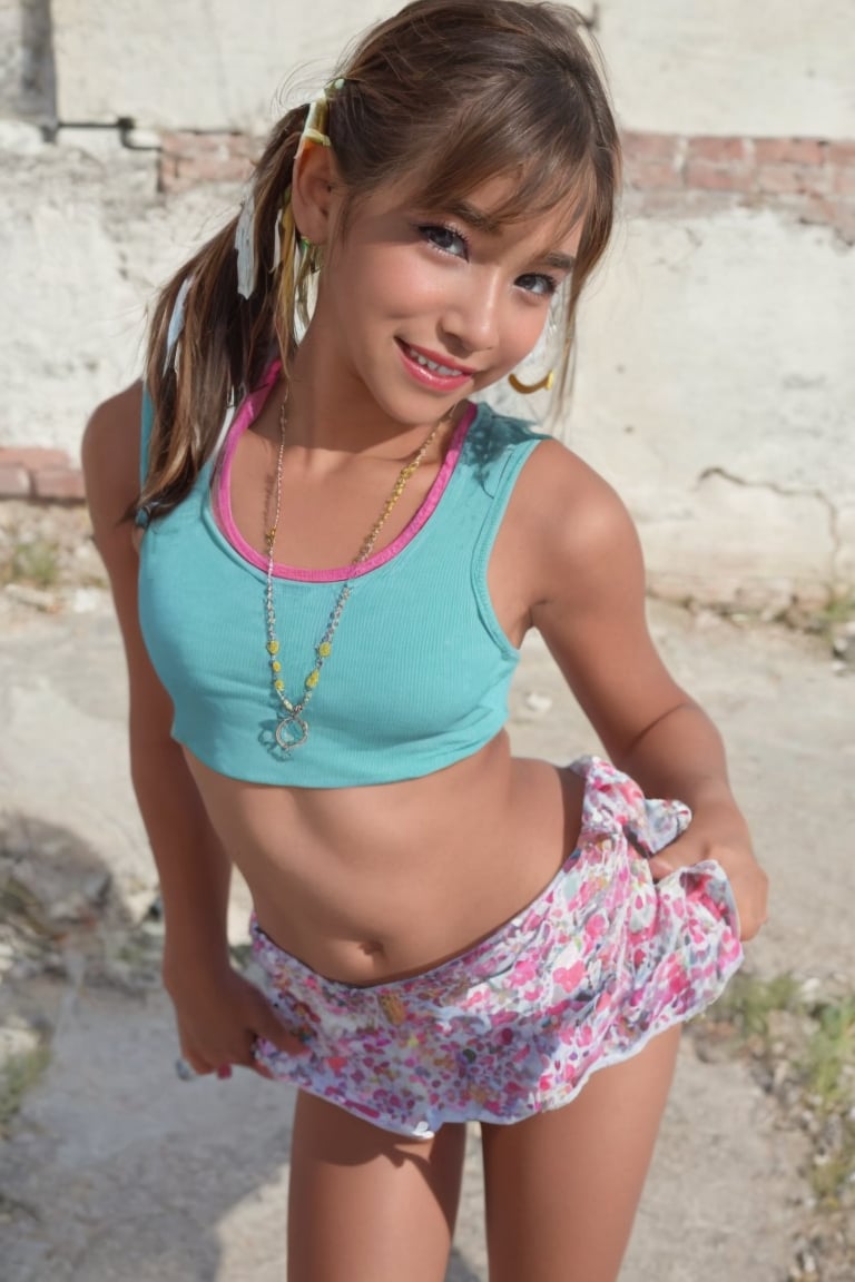 1girl, solo, looking at viewer, smile, skirt, brown hair, navel, jewelry, earrings, midriff, necklace, grin, flat chest, side ponytail, bracelet, ring, realistic, graffitim<lora:EMS-438323-EMS:0.800000>