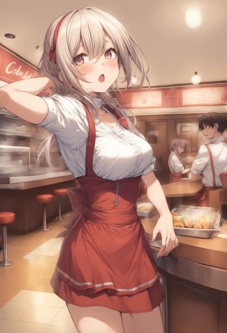 1girl, <lora:sdxl2-flat2-512b:-1>,medium breasts,solo,<lora:annamillerXLv2:0.8>,anna miller ,waitress,name tag,high-waist skirt,suspender skirt, apron,from behind, panorama shot, looking up, bored,  open mouth,restaurant,best quality,medium quality,