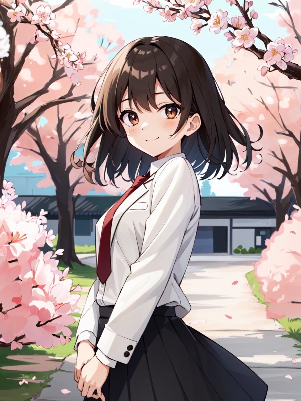 ((masterpiece:1.4, best_quality, ultra-detailed))++, outdoors, 1girl, looking at viewer, depth of field, ((bokeh)), smile, long sleeves, cherry blossoms, black blazer, necktie, closed mouth, ((wince)), black hair, medium hair, brown eyes, 