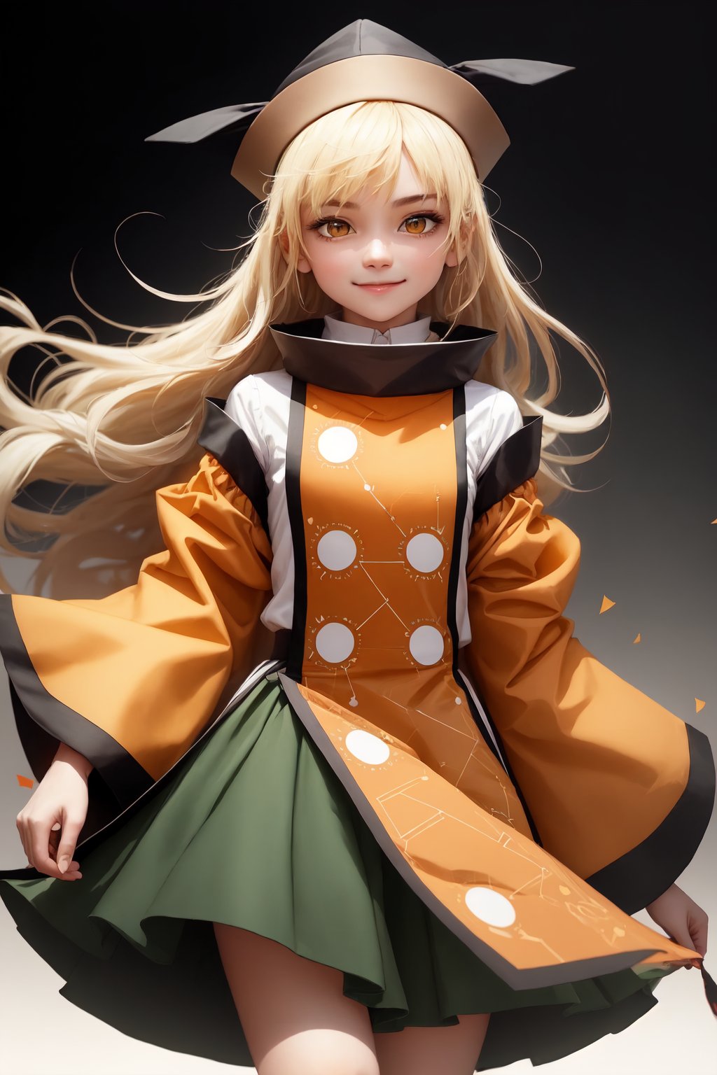 matara_okina,1girl,solo,hat,tabard,wide_sleeves,long_sleeves,black_headwear,green_skirt,smile,constellation_print,orange_sleeves,looking_at_viewer,detached_sleeves,simple_background,brown_headwear,white_shirt<lora:matara_okina:1>,simple background,white backgroundmasterpiece,best quality, highly detailed, 