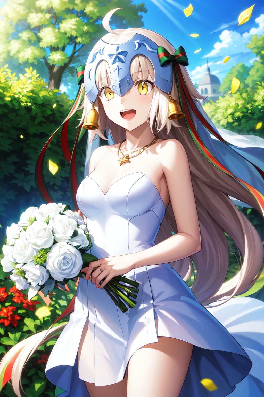 masterpiece, best quality, highres, aasl, long hair, ahoge, headpiece, hair ribbon, <lora:jeanne_d'arc_alter_santa_lily_(fate)_v1:0.7>, smile, open mouth, standing, cowboy shot, bridal veil, wedding dress, white dress, strapless, necklace, garden, confetti, (holding bouquet:1.2)