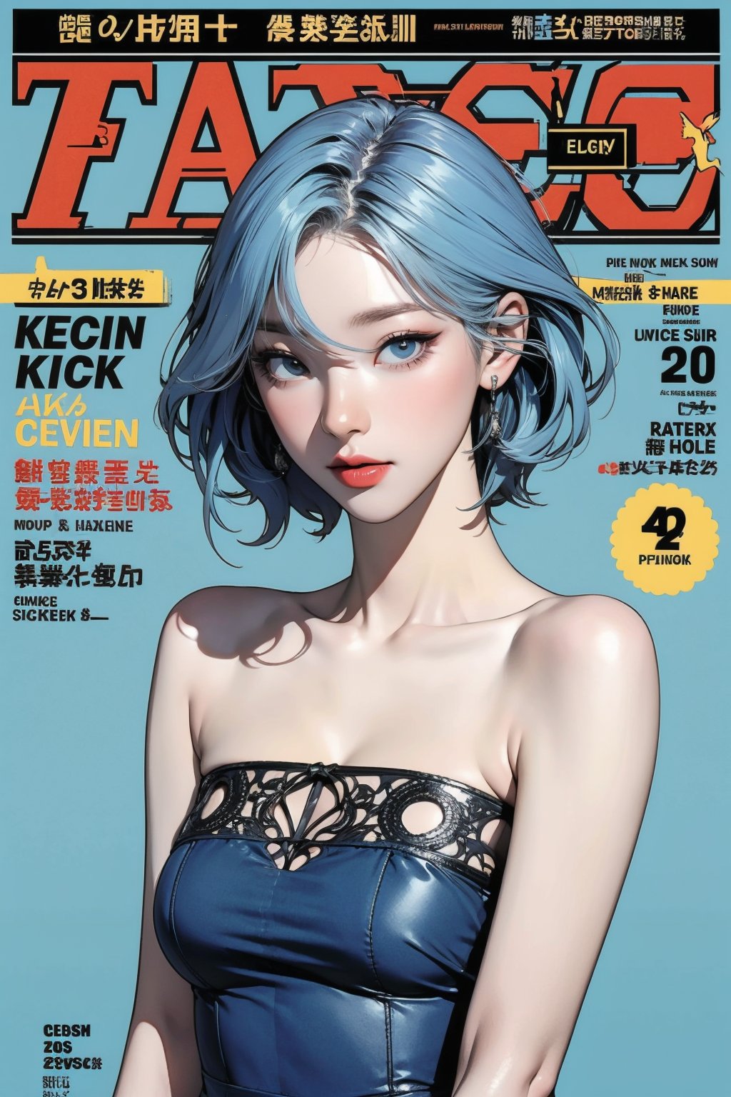 1girl, light blue mix hair, bracelets, thigh up body, looking at viewer, hairstyle, earrings, intricate background, magazine cover, aespakarina, headset<lora:EMS-57264-EMS:0.800000>, <lora:EMS-282278-EMS:0.700000>