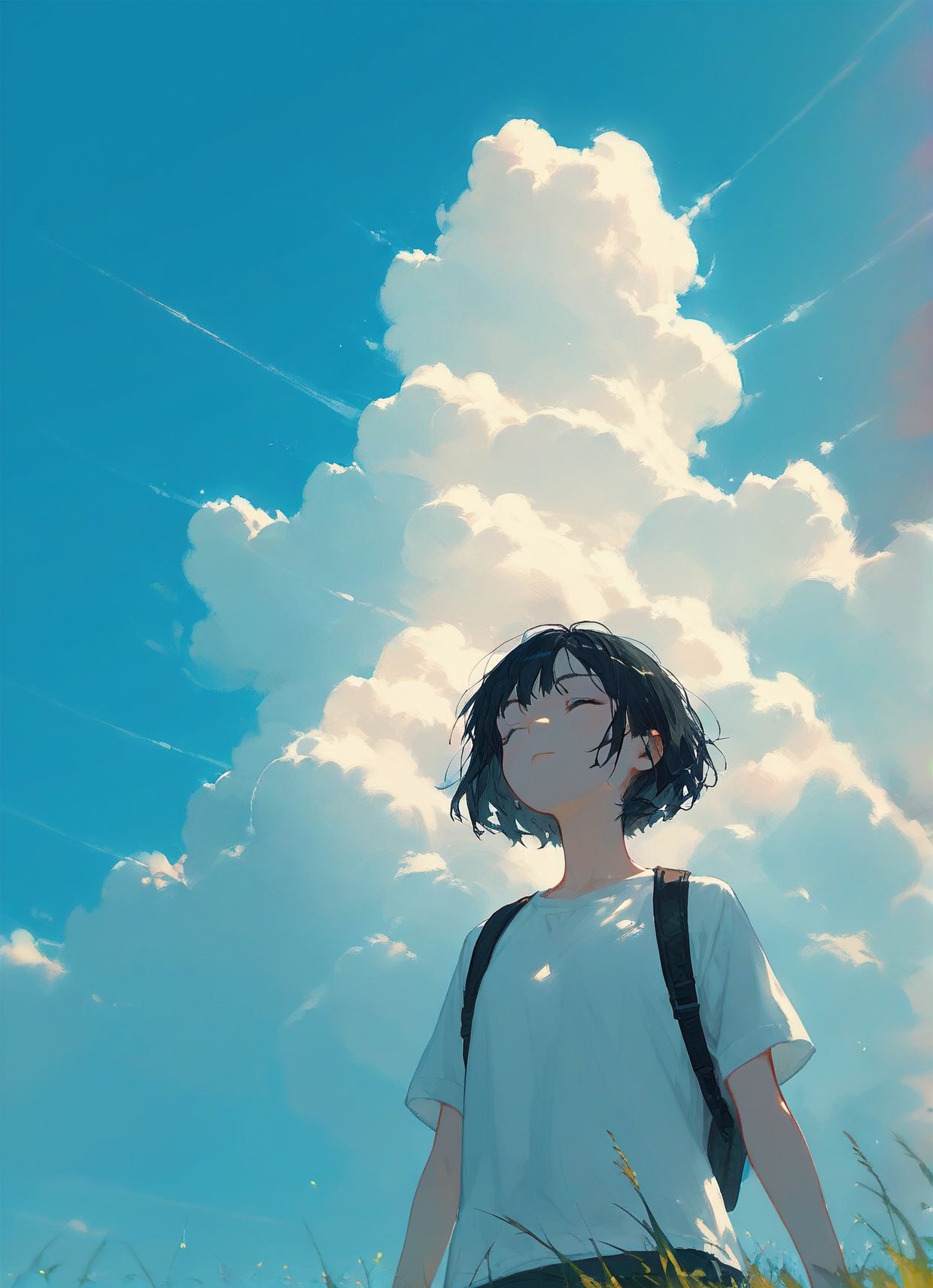 score_9,score_8_up,score_7_up,1girl,solo, sky, cloud, 1girl, backpack, outdoors, shirt, short hair, bag, from below, white shirt, day, blue sky, short sleeves, black hair, closed eyes, grass, standing, cloudy sky