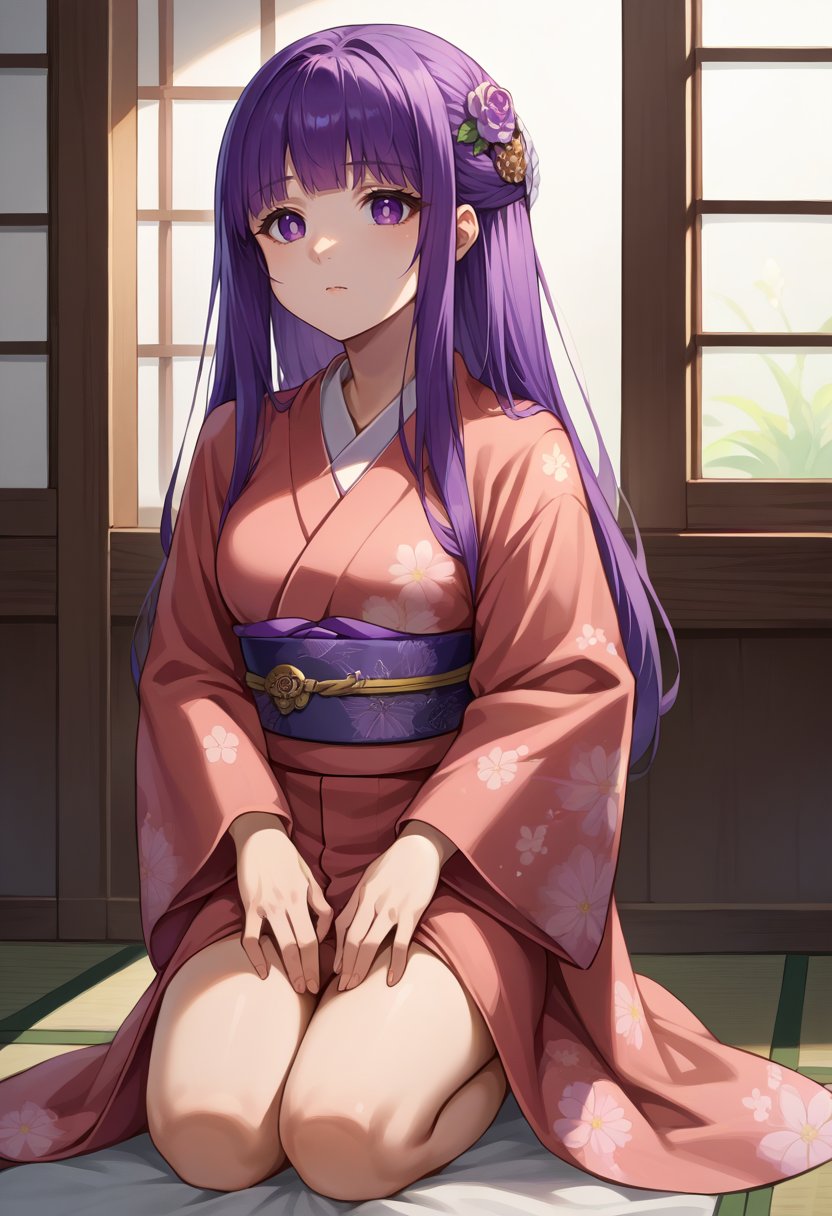 score_9, score_8_up, source_anime, 1girl, solo, FernFrieren, purple eyes, purple hair, long hair, half updo, hair ornament, indoors, kimono, hair flower, floral print, wariza, kneeling, hands on own knees, <lora:CHAR-FernPonyXL:1>