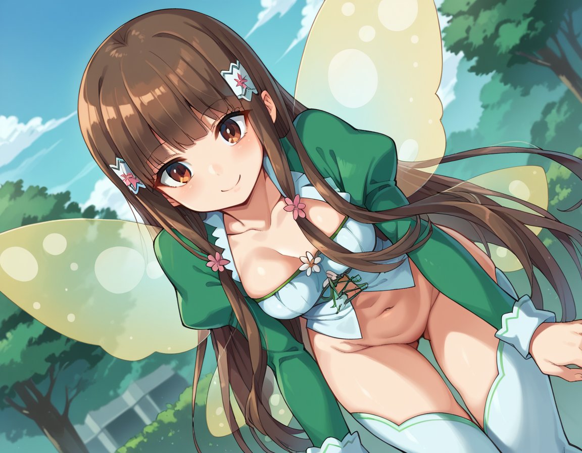 score_9, score_8_up, score_7_up, source_anime,koborii, <lora:koborii-ponyxl-lora-nochekaiser:1>koborii, brown eyes, brown hair, long hair, hair flower, hair ornament, sidelocks,fairy wings, juliet sleeves, long sleeves, navel, puffy sleeves, thighhighs, white thighhighs, wings,outdoors, amusement park, smile, bent over,looking at viewer, dutch angle, cowboy shot