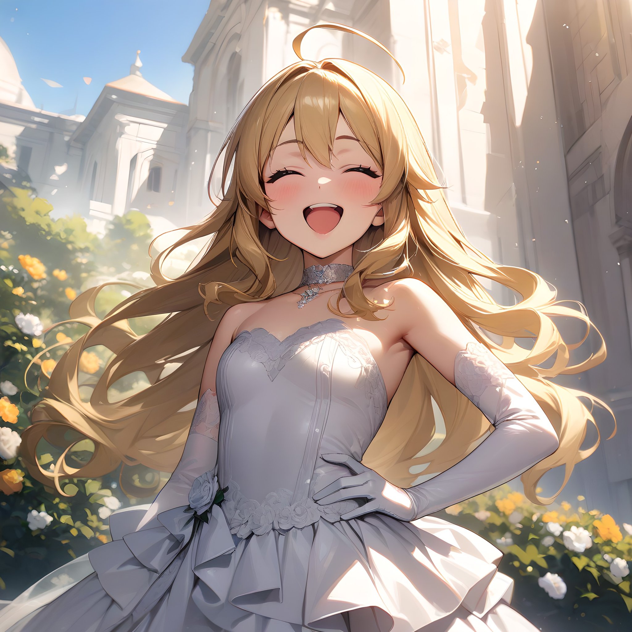 (masterpiece),(best quality),(ultra-detailed),(best illustration),(best shadow),(absurdres),(detailed background),(very aesthetic), hoshii_miki, 1girl, blonde hair, long hair, closed eyes, gloves, dress, elbow gloves, solo, flower, open mouth, wedding dress, choker, smile, ahoge, hand on hip <lora:Hoshii_Miki:1>