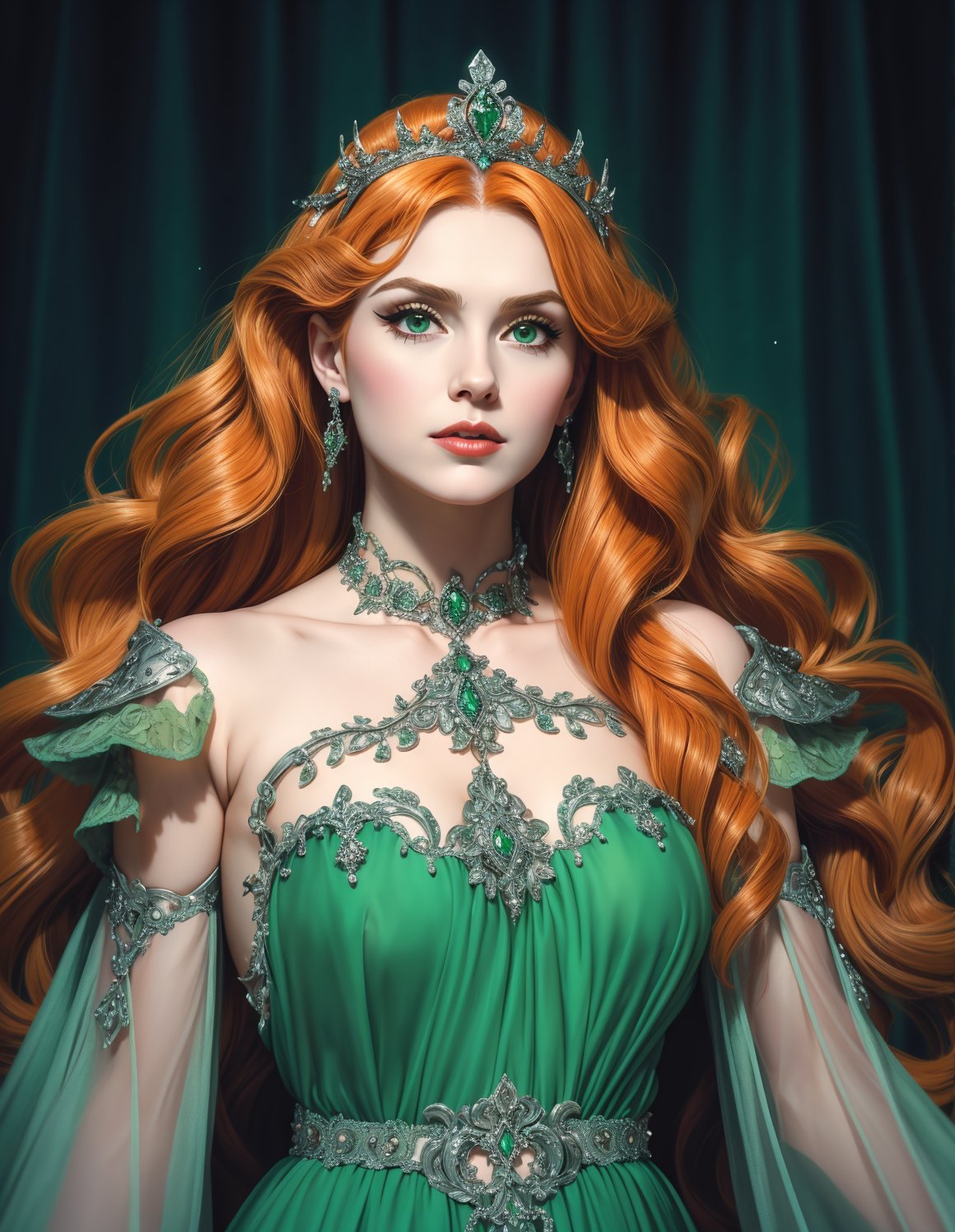 pop art style (portrait photo:1.3), adult woman, 38 year old female, medium breasts, wearing HUD_spr_armr, jeweled tiara, long green chiffon dress, detached sleeves, jewelry, intricate engraved metal neckpiece, belt, pauldrons,<lora:HUD_spr_armr-07:0.65>, (long ginger wavy hair:1.2), cinematic, dramatic, 4k . bold colors, mass culture, comic style, ironical, vibrant, detailed,neutral