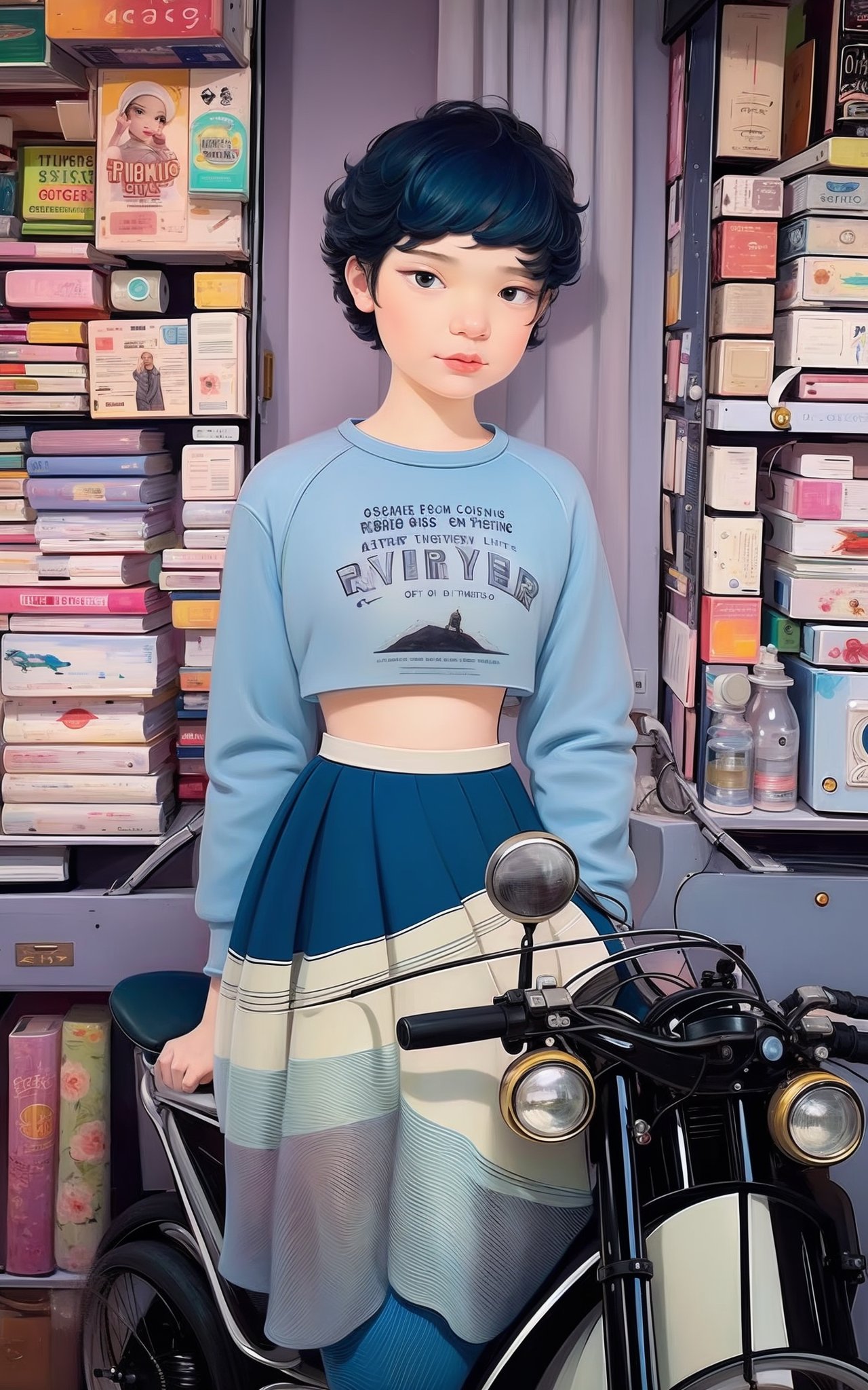 a painting,Tall body,Short silver-blue curly pixie hairstyle,Dreamy Rose DawnTulle skirt and graphic sweatshirt,Sleek motorcycle garage with vintage bikes,Futuristic dystopian city viewpoint displaying a network of hyperloops,Inverted triangle faceSurprised facial expression,dynamic attitude,