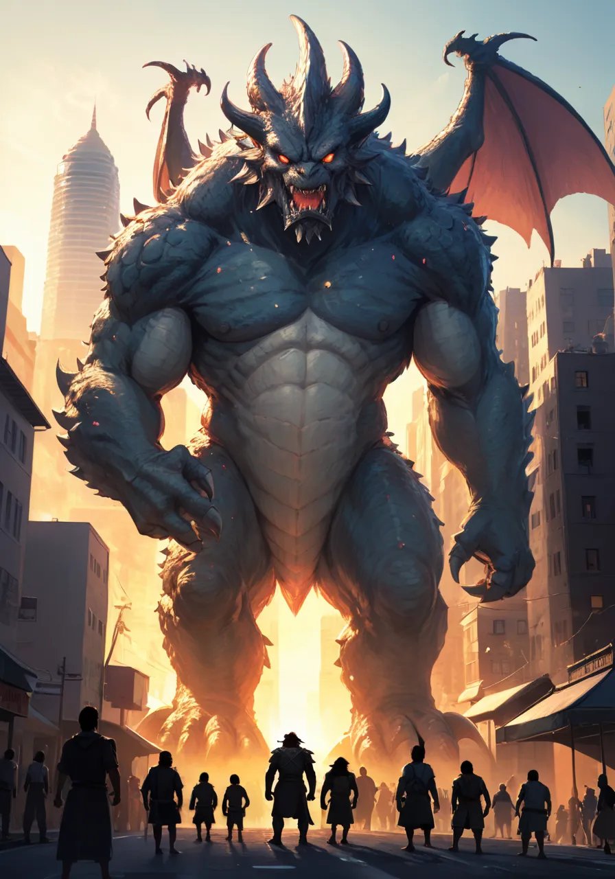 hires,best quality,Illustration of Gomora, the giant monster, standing tall in a cityscape, with its sharp, armored scales glinting in the sunlight, and its menacing glowing eyes fixed on the horizon as it prepares for battle. Its enormous tail swings behind it, crushing buildings in its path, while tiny, panicked civilians flee in the foreground