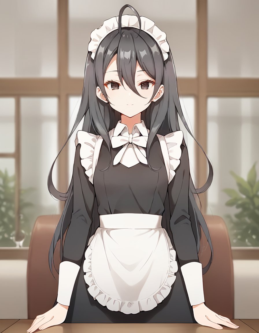 score_9, score_8_up, score_7_up, source_anime,1girl, solo, looking at viewer, blurry background, restaurant, table, window,light smile, cowboy shot, front view,ayano kimishima, long hair, black hair, ahoge, hair between eyes, long bangs, black eyes,maid uniform, black dress, long sleeves, maid headdress, white ribbon, small breasts, white shirt, arms at sides,<lora:ayano_kimishima_v2-soralz:1>