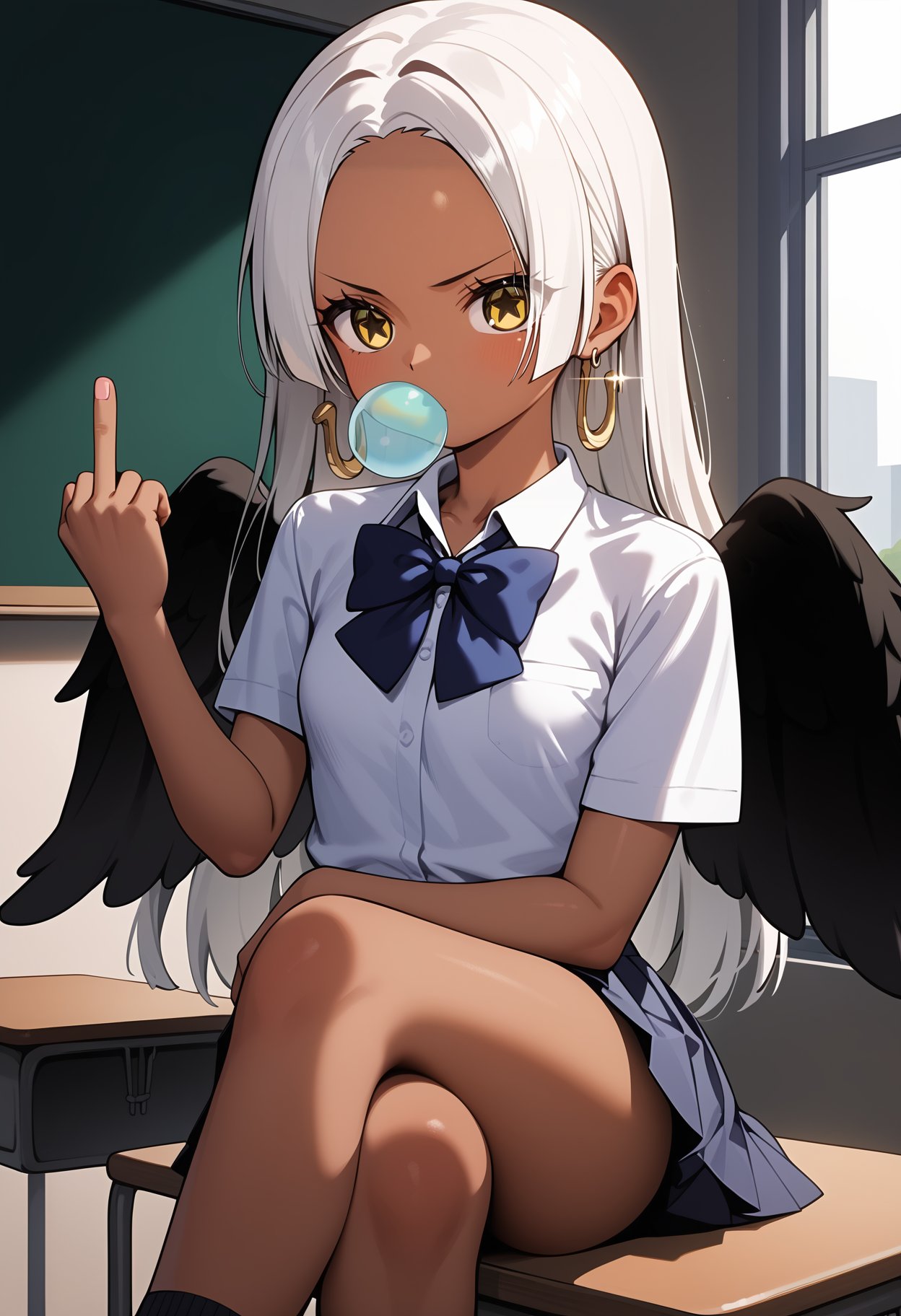 score_9, score_8_up, score_7_up, score_6_up, score_5_up, score_4_up, source_anime, aasnake, long hair, white hair, dark skin, earrings, yellow eyes, symbol-shaped pupils, black wings, small breasts, <lora:s-snake_ponyxl_v1:0.9>, school uniform, short sleeves, bowtie, middle finger, chewing gum, classroom, sitting, crossed legs, on desk