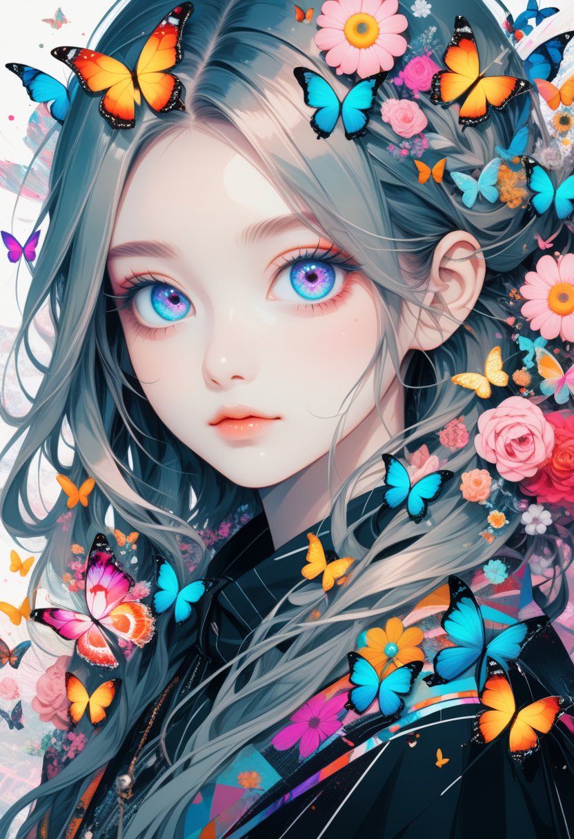 (masterpiece:1.1),(highest quality:1.1),(HDR:1),ambient light,ultra-high quality,( ultra detailed original illustration),(1girl, upper body),((harajuku fashion)),((flowers with human eyes, flower eyes)),double exposure,fusion of fluid abstract art,glitch,(original illustration composition),(fusion of limited color, maximalism artstyle, geometric artstyle, butterflies, junk art),