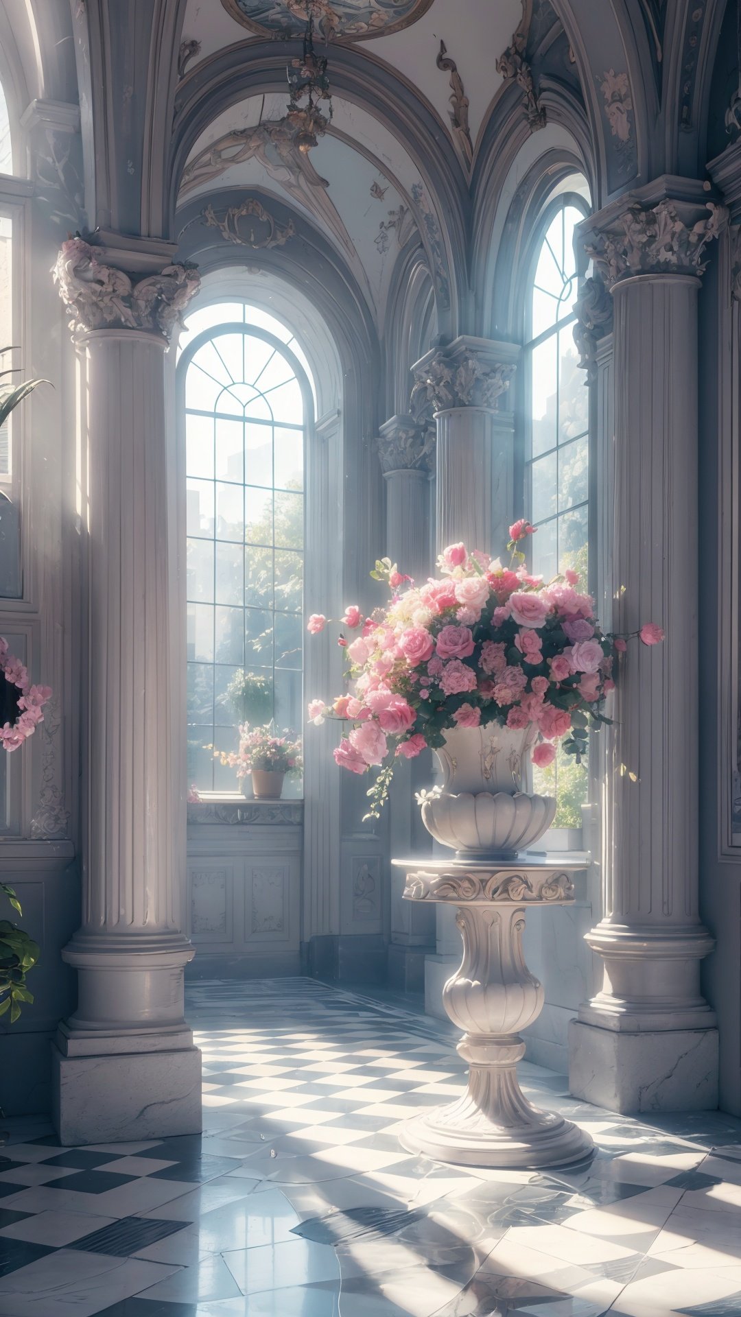 <lora:GONGDIAN_20240315224227-000010:0.5>,GONGDIAN,scenery,pillar,petals,column,day,sunlight,arch,indoors,light rays,rose,red flower,red rose,pink flower,reflective floor,(no humans:1.5),, scenery,no humans,masterpiece,best quality,high quality,extremely detailed CG,award winning photography,Bokeh,Depth of Field,HDR,bloom,Chromatic Aberration,Photorealistic,extremely detailed,trending on artstation,trending on CGsociety,Intricate,High Detail,dramatic,art by midjourney,volumetric lighting,(Magical),(epic),incredibly absurdres,official wallpaper,extremely detailed CG unity 8k wallpaper,chromatic aberration,detailed color,scene detail extremely tall object,