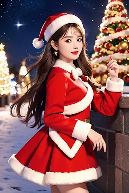 (masterpiece:1.2), best quality, masterpiece, highres, original,perfect light, 4k,8k,1girl, antlers, aurora, bell, belt, blue eyes, bobblehat, bow, candy cane, christmas, christmas lights, christmas ornaments, christmas tree, deer ears, earrings, fake antlers, fake facial hair, fake mustache, fireplace, fireworks, fur-trimmed capelet, fur-trimmed dress, fur-trimmed headwear, fur-trimmed skirt, fur-trimmed sleeves, fur trim, gift, gift bag, gift box, glasses, green bow, hat, holding sack, holly, jewelry, long hair, long sleeves, looking at viewer, merry christmas, night, night sky, ornament, pine tree, pom pom \(clothes\), red bow, red capelet, red dress, red headwear, red jacket, reindeer, reindeer antlers, reindeer costume, sack, santa bikini, santa boots, santa costume, santa dress, santa gloves, santa hat, shooting star, sky, smile, snow, snowing, solo, star \(sky\), star \(symbol\), star earrings, starry sky, wreath, <lora:christmas:0.7>