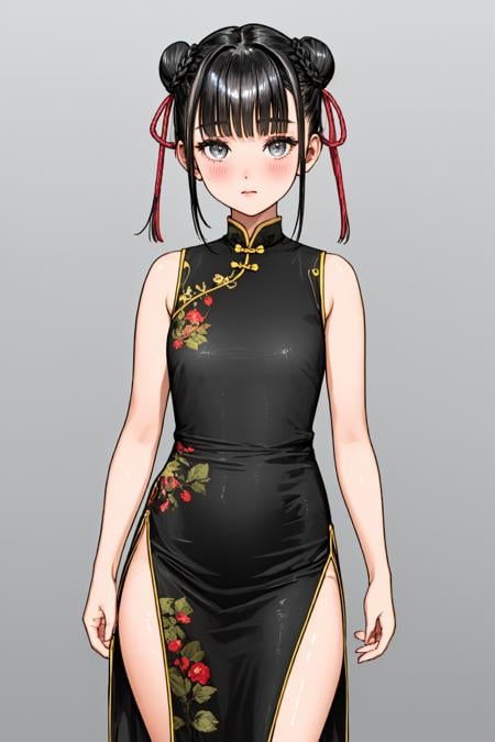 1girl, bare shoulders, black dress, black hair, blunt bangs, blush, braid, braided bun, breasts, china dress, closed mouth, double bun, dress, expressionless, grey eyes, hair bun, long hair, looking at viewer, pelvic curtain, print dress, side slit, simple background, sleeveless, sleeveless dress, small breasts, solo, standing, twintails, white background<lora:USA18:.8>