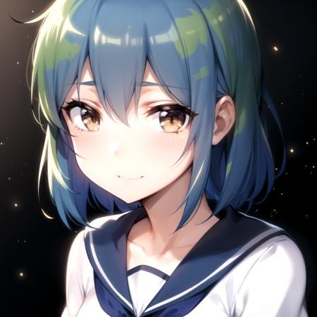 2d, masterpiece, best quality, anime, highly detailed face, highly detailed eyes, highly detailed background, perfect lighting, full body, 1girl, solo, earth-chan, brown eyes, sailor collar, small breasts, space, school uniform, school <lora:earth-chan-10:1>