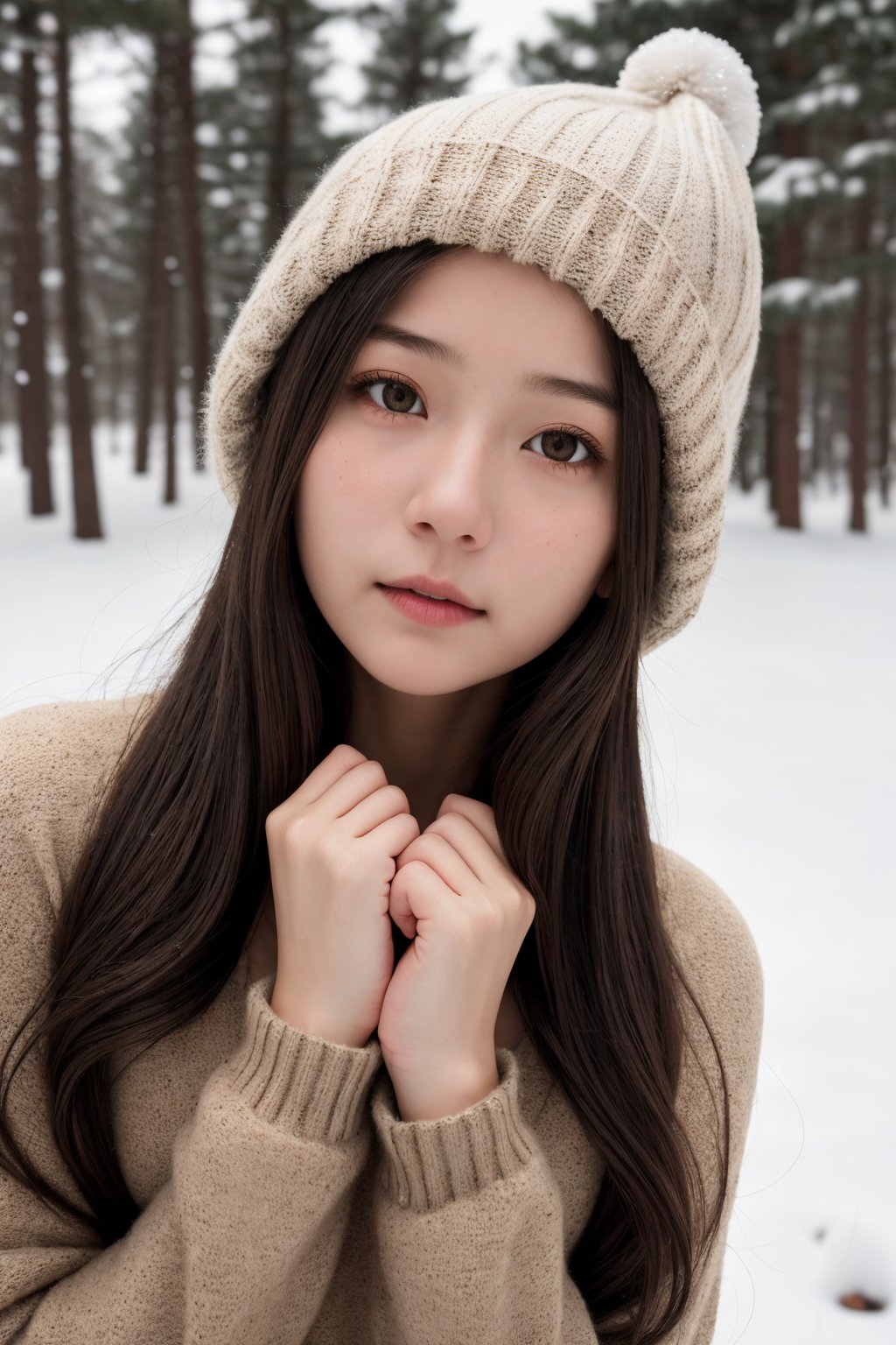 masterpiece, best quality, raw photo, realistic, adult girl, looking at viewer, supporting head on two hands, long hair, sweater, sweater hat,extremely beautiful detailed face, best shadow, medium breasts, (cute face, temptations look), snowing, snowing background, (sepia photography),(professional photo, balanced photo, high contract exposure)