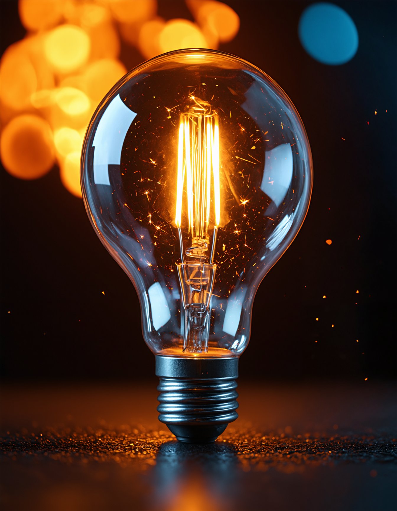 (best quality, 4K, 8K, high-resolution, masterpiece), ultra-detailed, realistic, photorealistic, glowing light bulb, inside fire, abstract background, bokeh effect, orange and blue color scheme, magical atmosphere, dynamic lighting, high contrast, detailed glass texture, sparks and particles, ethereal ambiance, high detail, high resolution, glowing filament, burning inside, mesmerizing visuals, cinematic composition., Ultimate Realism - High Detail Enhancement.safetensors