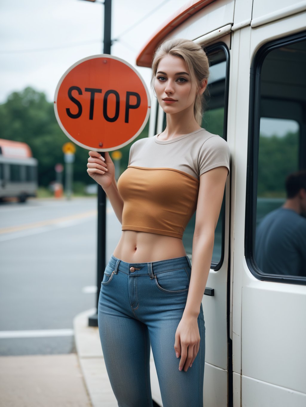 score_9,score_8_up,score_7_up,a woman wearing a cropped top and jeans standing in front of the bus stop,in the style of Oleg Oprisco,video,Jocelyn Hobbie,soft,muted tones,close up,wavy,Nick Knight,