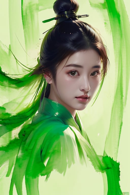 gfmm007,1girl,solo,hair bun,looking at viewer,single hair bun,upper body,black hair,realistic,hair ornament,closed mouth,brown eyes,chinese clothes,topknot,green background,from side,<lora:SMHF1.5:0.8>,