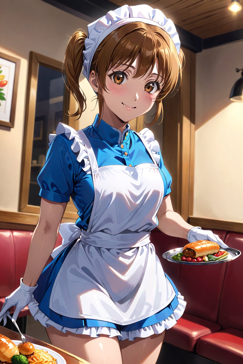 cowboy shot, sunohara shizuka, 1girl, sidelocks, brown eyes, twintails, smile, apron, blue shirt, blue skirt, frilled apron, frills, gloves, head scarf, shirt, short sleeves, skirt, uniform, waist apron, waitress, white apron, white gloves, food, tray, food tray, indoors, restaurant, looking at viewer, dutch angle, cowboy shot, vibrant lighting, high contrast, dramatic shadows, highly detailed, detailed skin, depth of field, masterpiece, best quality, expressive eyes, perfect face, perfect body, beautiful girl, cute girl,<lora:sunohara shizuka blue 2:1>