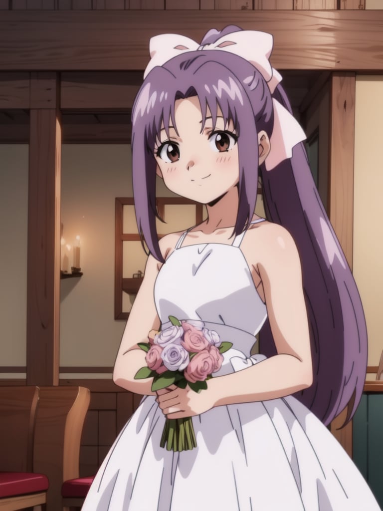 <lora:Koigakubo_Momoko:0.8>, koigakubomomoko, 1girl, soro, hair_bow, pink_bow,  long_hair, brown_eyes, purple_hair,  bangs,  ponytail, smile, cowboy Shot,wedding_dress, church, 2000s \(style\), anime, anime_screencap, animated gif, mp4 ,video, animated, 