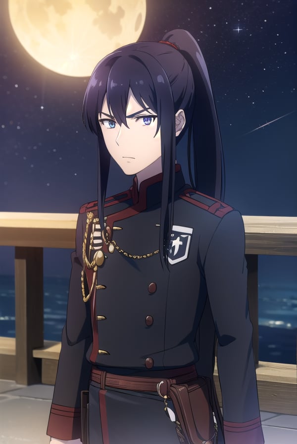 yuukanda, <lora:yuu kanda hallow s1-lora-nochekaiser:1>,yuu kanda, long hair, black hair, ponytail, male focus,BREAK uniform, military, military uniform,BREAK outdoors, city, starry sky, night, moon,BREAK looking at viewer, (cowboy shot:1.5),BREAK <lyco:GoodHands-beta2:1>, (masterpiece:1.2), best quality, high resolution, unity 8k wallpaper, (illustration:0.8), (beautiful detailed eyes:1.6), extremely detailed face, perfect lighting, extremely detailed CG, (perfect hands, perfect anatomy),