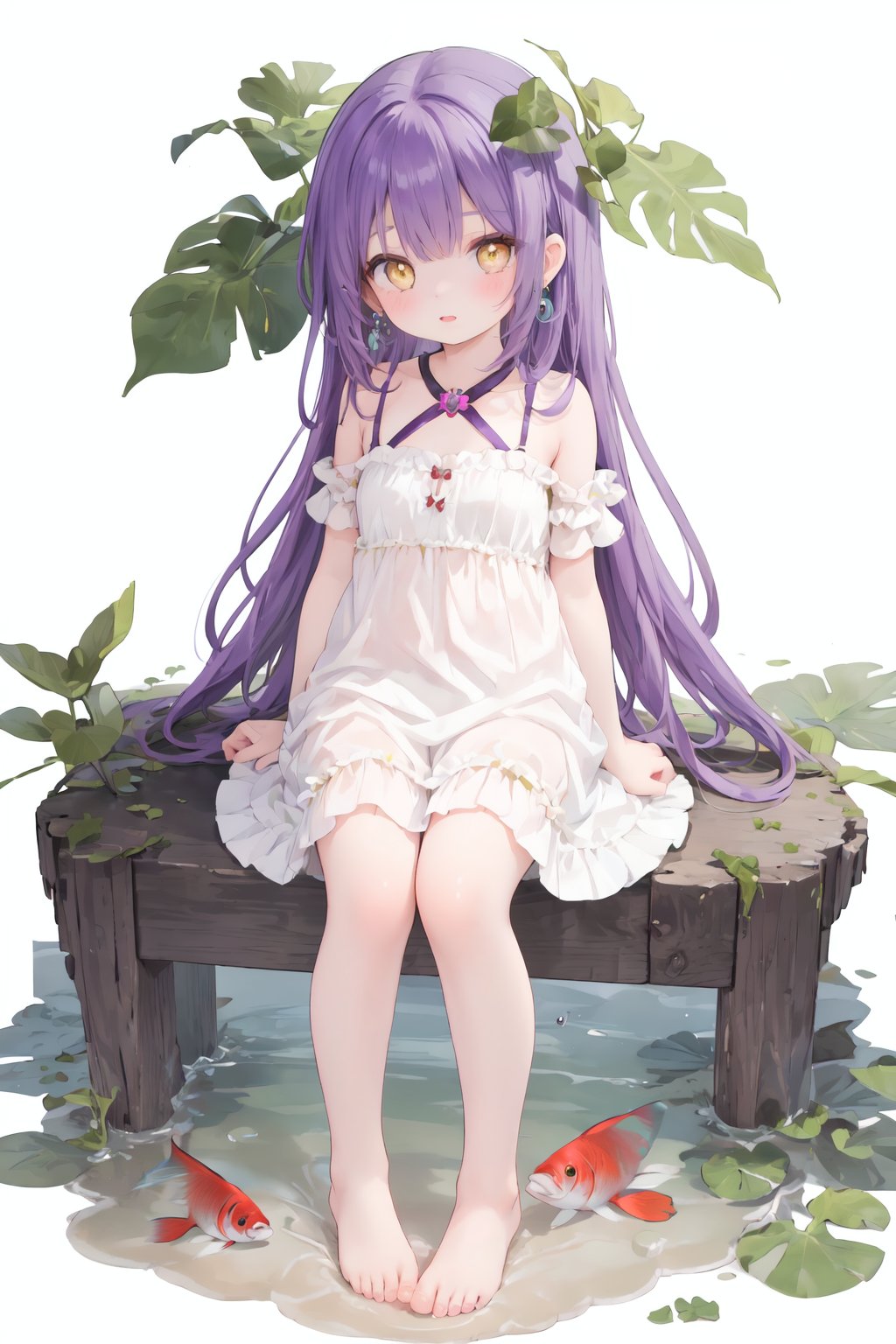 1girl,bangs,bare shoulders,barefoot,blush,earrings,fish,full body,jewelry,leaf,long hair,purple hair,solo,white background,yellow eyes,