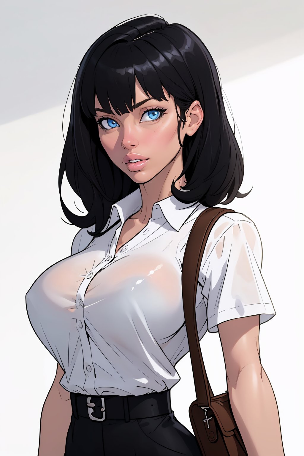 (masterpiece, best quality:1.2), <lora:thepit:.95>, thepit, 1girl, solo, black hair, shirt, breasts, white shirt, white background, looking at viewer, short sleeves, blue eyes, simple background, parted lips, upper body, collared shirt, bag, hair between eyes, bangs, large breasts, blurry, shoulder bag