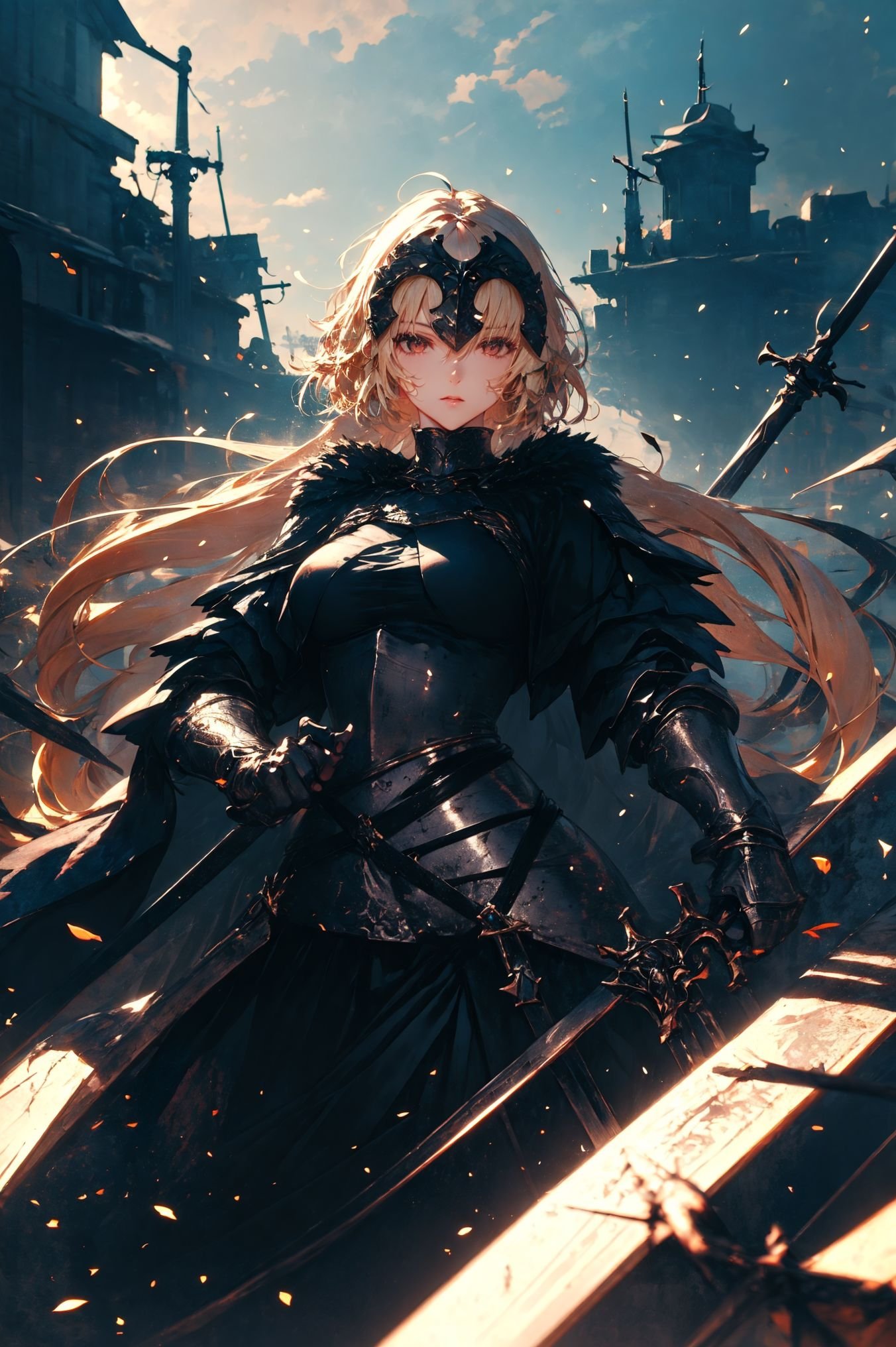 a stunning art,abstract,flowery,predominantly white,dynamic pose,centered,key visual,intricate,highly detailed,breathtaking beauty,precise lineart,vibrant,comprehensive,cinematic,xuer Jeanne D Arc,<lora:绪儿-黑贞德 xuer Jeanne D Arc:0.8>,