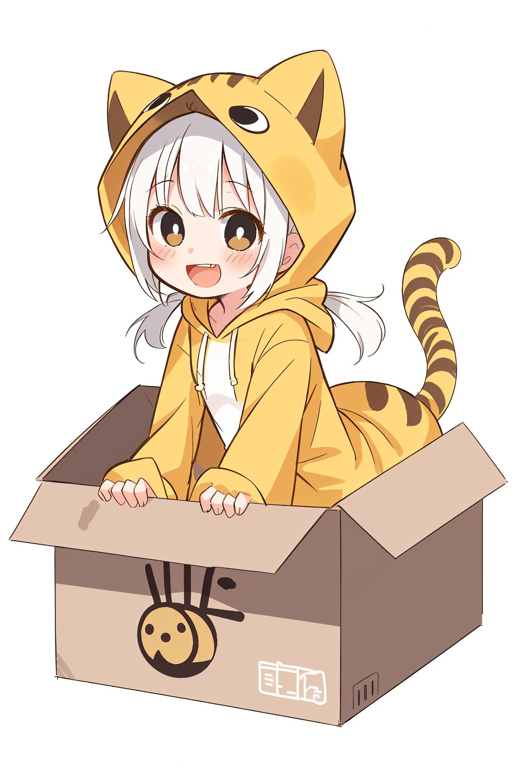 [(white background:1.4)::5],box,in container,cardboard box,in box,(solo:1.2),1girl,loli,little girl,smile,open mouth,black eyes,slit pupils,white hair,low twintails,cat ears,full body,(yellow animal costume:1.2),hood up,