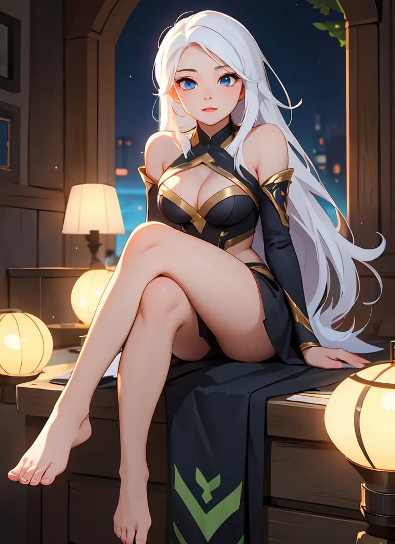 beautiful, (masterpiece:1.2), (best quality:1.2), perfect eyes, perfect face, perfect lighting, 1girl, solo, akali \(league of legends\), white hair, sitting, bare feet, toes, cleavage,  black outfit