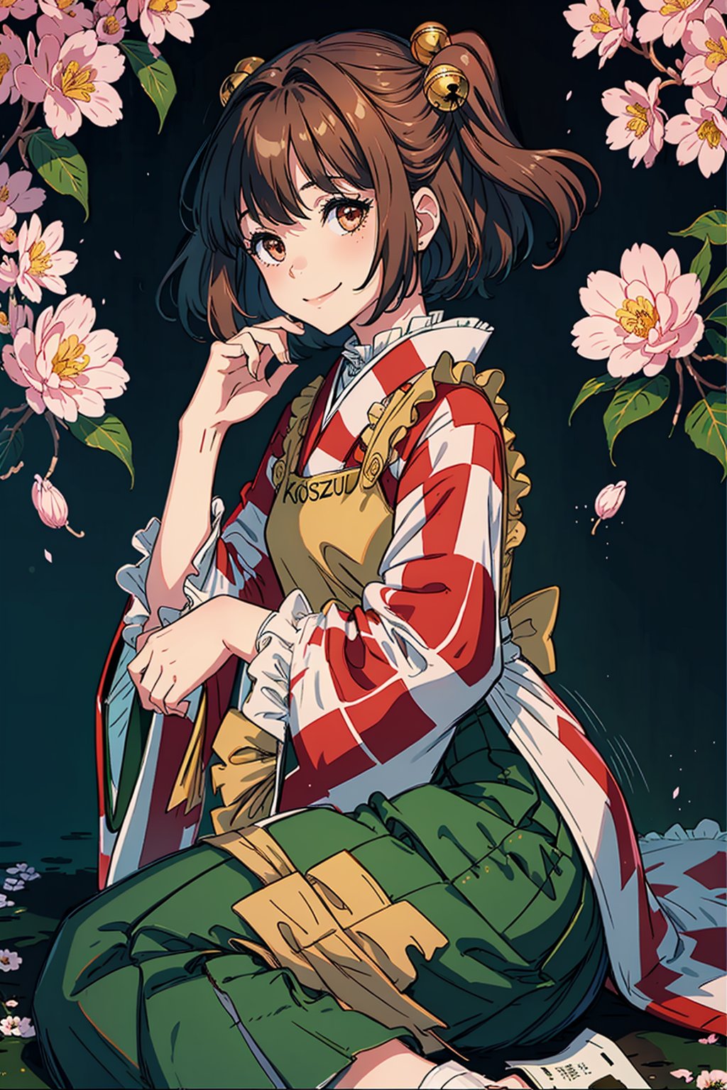 masterpiece, best quality,<lora:MotooriKosuzu:1>,1girl, motoori kosuzu, bell, hair ornament, hair bell, checkered clothes, japanese clothes, flower, checkered kimono, two side up, kimono, cover, solo, cover page, long sleeves, short hair, looking at viewer, wide sleeves, apron, ribbon, smile, brown hair, skirt, green skirt, brown eyes, doujin cover, black background, jingle bell, frills, green ribbon, hair flower, on side, petals, orange hair, pink flower, cherry blossoms, orange eyes, lying