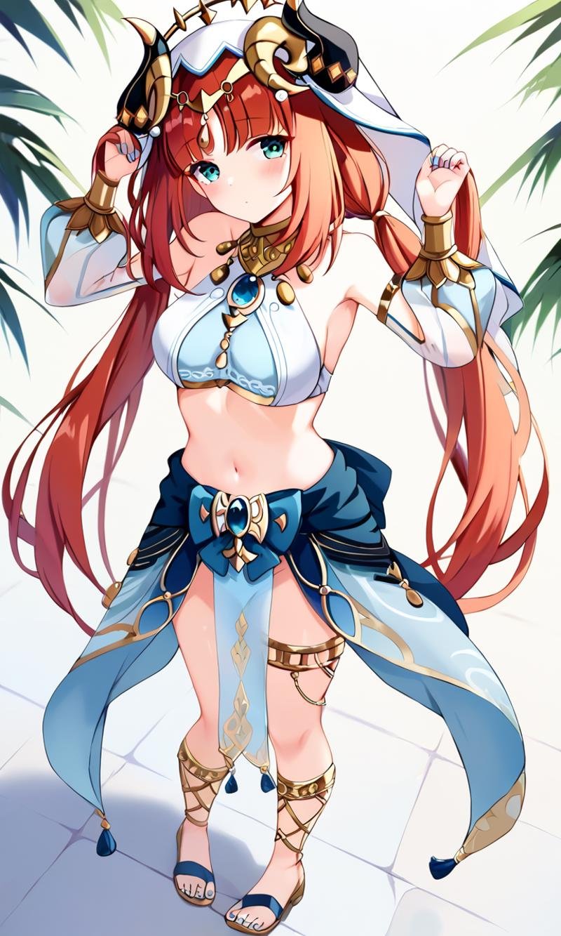 <lora:sdxl-gen-nilou-pony:0.8> gen-nilou, GenshinImpact, 1girl ,aqua eyes, eyeliner, orangered hair, shiny hair, horns, long hair, low twintails, parted bangs, sidelocks, medium breasts, blue nails, circlet, thighlet , neck ring +++ see-through veil, blue gemstone, white headwear, brooch, lightblue harem outfit, puffy long sleeves, bare shoulders, detached sleeves, gold trim, blue skirt, gladiator sandals +++ Blushing, +++ holding hair, head-tilt, From Up, looking afar, Bird's Eye View, cinematic lighting, Neon Plaza