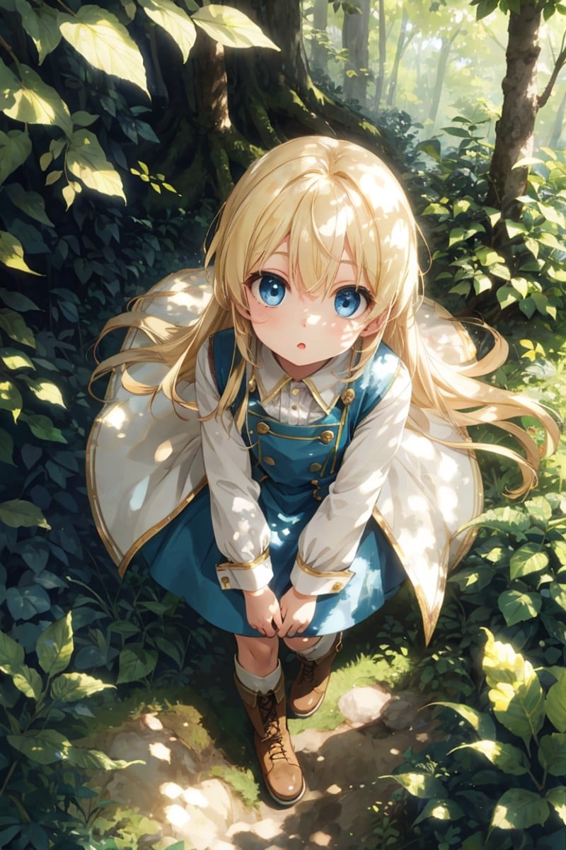 1girl, solo,forest, blue eyes,wide shot magnificent view,from above,looking up,ground,blonde hair,(dappled sunlight)+,blurry,depth of field, boots,leaf