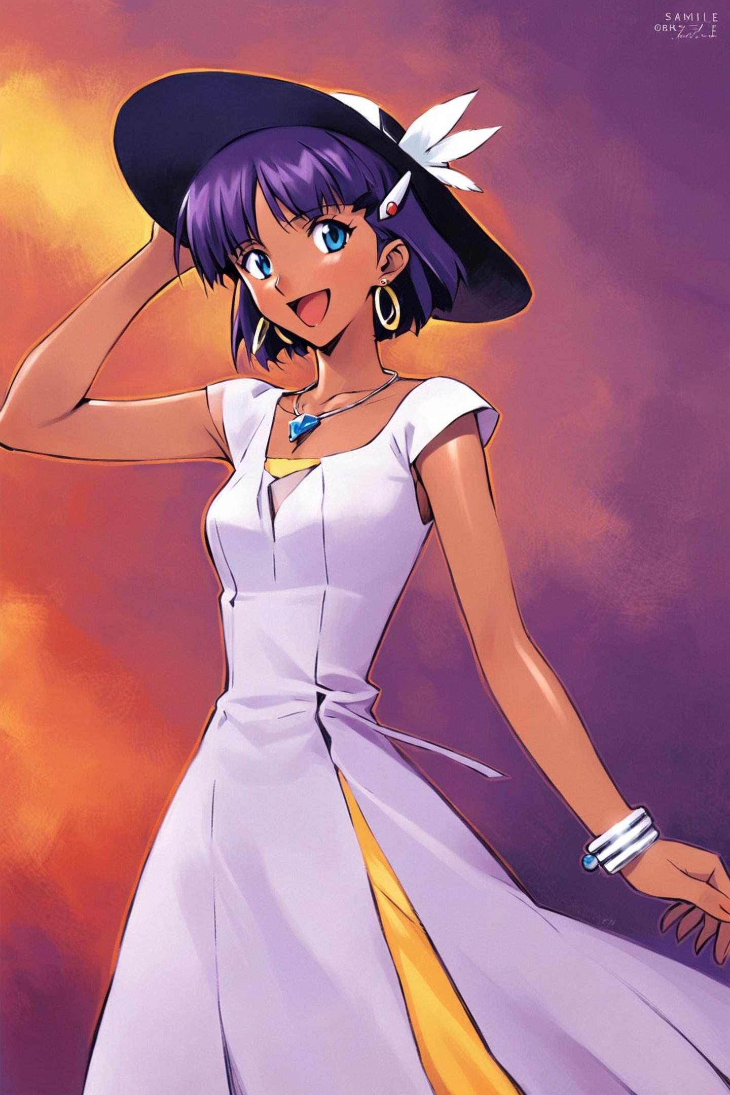 1girl,nadia la arwall,hat,solo,jewelry,earrings,dark skin,dark-skinned female,short hair,purple hair,hair ornament,hairclip,blue eyes,dress,necklace,hand on headwear,open mouth,smile,<lora:Sadamoto Yoshiyuki_XL_kohaku:0.8>,