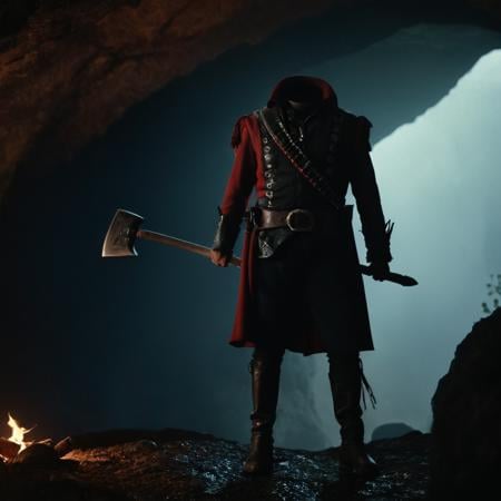 cinematic film still of  <lora:Headless Horseman v3:0.9>Decapitated Headless Horseman a Headless man in a costume standing in a cave with an axe,solo,1boy,holding,standing,weapon,male focus,boots,holding weapon,coat,dark,axe,detailed,real,different,unique,cinematic,dramatic,concept art,filmic,horror style, shallow depth of field, vignette, highly detailed, high budget, bokeh, cinemascope, moody, epic, gorgeous, film grain, grainy