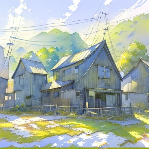 available light,no humans,outdoors,house,tree,scenery,traditional media,sky,day,painting \(medium\),power lines,building,grass,watercolor painting,<lora:2SHUICAI:0.8>,<lora:SHUICAI:0.8>,<lora:shuicaihua:0.8>,