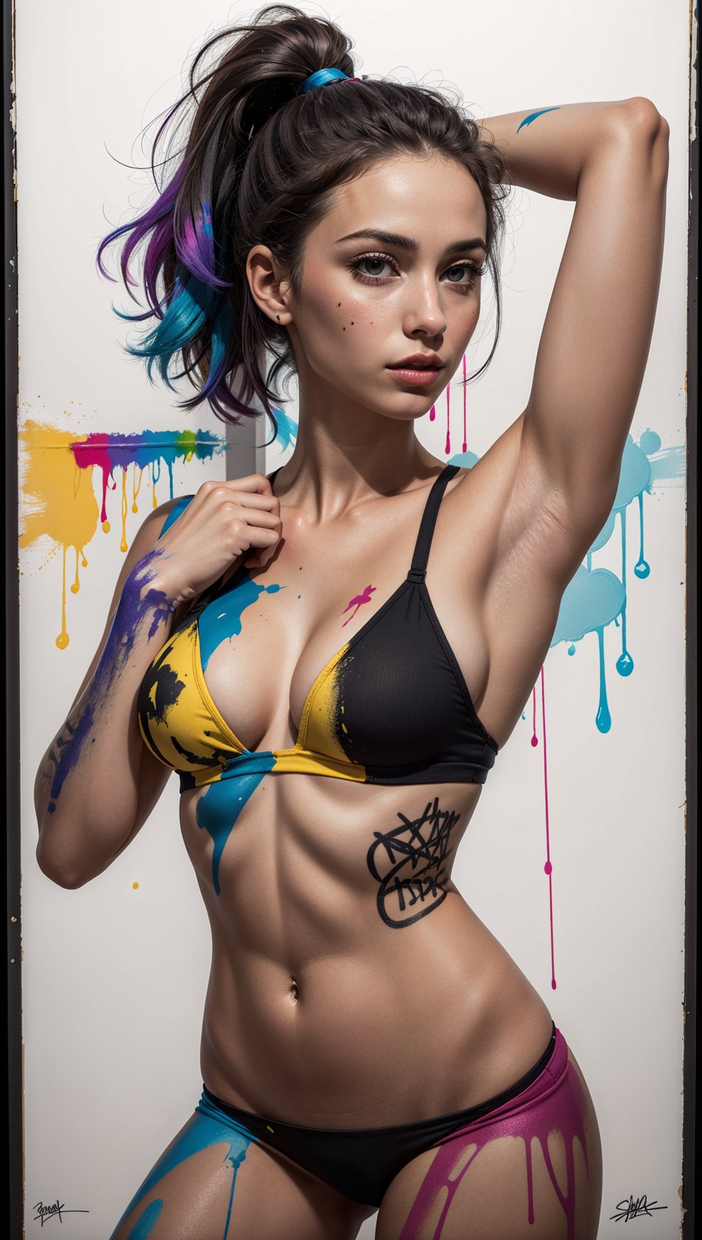 A color poster of a mixture of graffiti and paint on a wall,portrait of a woman,upperbody,minimalist,with dynamic movement and bold colors,mixture,