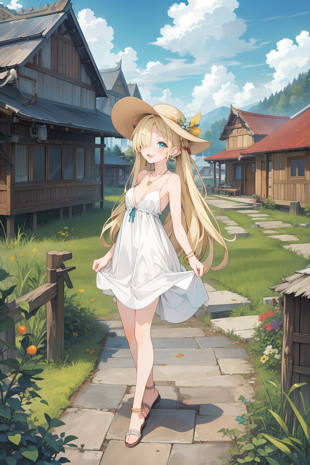 masterpiece,4k, best quality,slim,thin,skinny, panorama view,(full_body:1.2), 1girl,mesugaki,petite,slim_legs,smile,open mouth,sweat,full body,blonde hair,aqua eyes,absurdly long hair,twintails, floating hair, rice paddy,from_side ((nsfw)),sun hat,sandals, cleavage,leaning_forward, looking_up,anklet,necklace,((((v_arms)))),(white_sundress,see-through, strap_slip,breasts_out,nipples,long_dress),standing,downblouse, nipple_slip,   outdoors,rice paddy, clear sky,cloud,mountain,(house:1.4),(sunflower:0.7),truck, cabin,countryside,village,road,electric line pole,fruit,berry, rainbow,