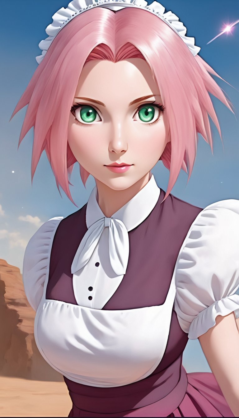 ethereal fantasy concept art of   <lora:SakuraXL:1> Sak_Nar Woman, Pink Hair, green eyes,  <lora:xl_cute_maid_dress-1.0:1> maid dress . magnificent, celestial, ethereal, painterly, epic, majestic, magical, fantasy art, cover art, dreamy