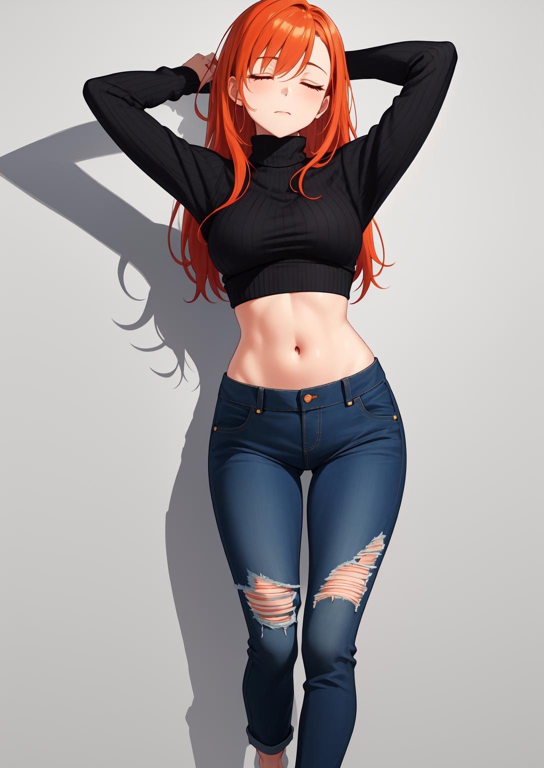 masterpiece, best quality, 1girl, :|, arms_behind_head, arms_up, barefoot, black_sweater, blue_pants, breasts, closed_mouth, crop_top, cropped_sweater, denim, full_body, groin, half-closed_eyes, head_tilt, jeans, long_hair, long_sleeves, looking_to_the_side, midriff, navel, orange_hair, pants, red_hair, ribbed_sweater, shadow, solo, standing, sweater, torn_clothes, torn_jeans, torn_pants, turtleneck, turtleneck_sweater