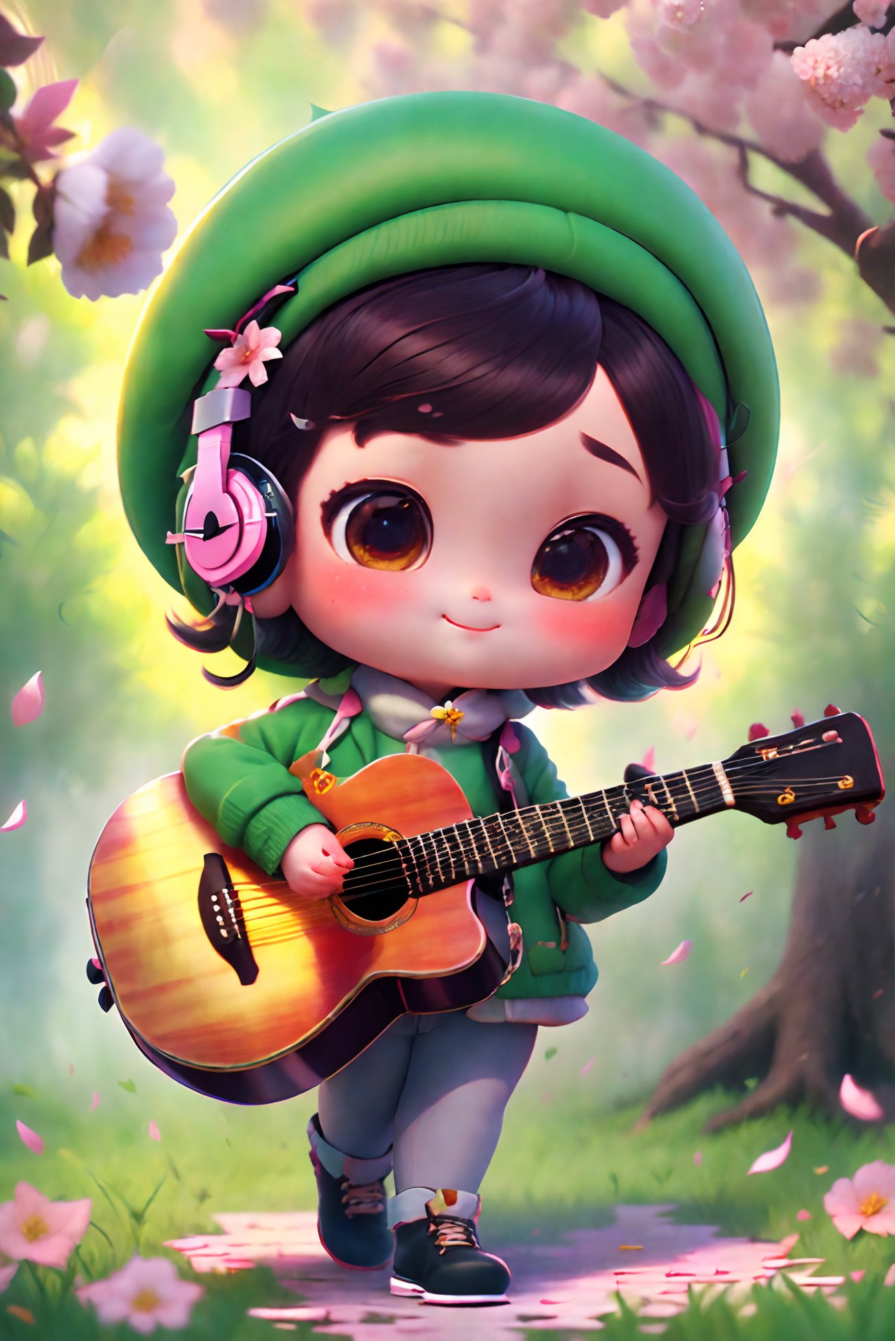 (masterpiece),(bestquality),(ultra-detailed),(fullbody:1.2),1girl,chibi,cute,smile,openmouth,flower,outdoors,playingguitar,music,beret,holdingguitar,jacket,blush,tree,:3,shirt,shorthair,cherryblossoms,greenheadwear,blurry,brownhair,blushstickers,longsleeves,bangs,headphones,blackhair,pinkflower,(beautifuldetailedface),(beautifuldetailedeyes),