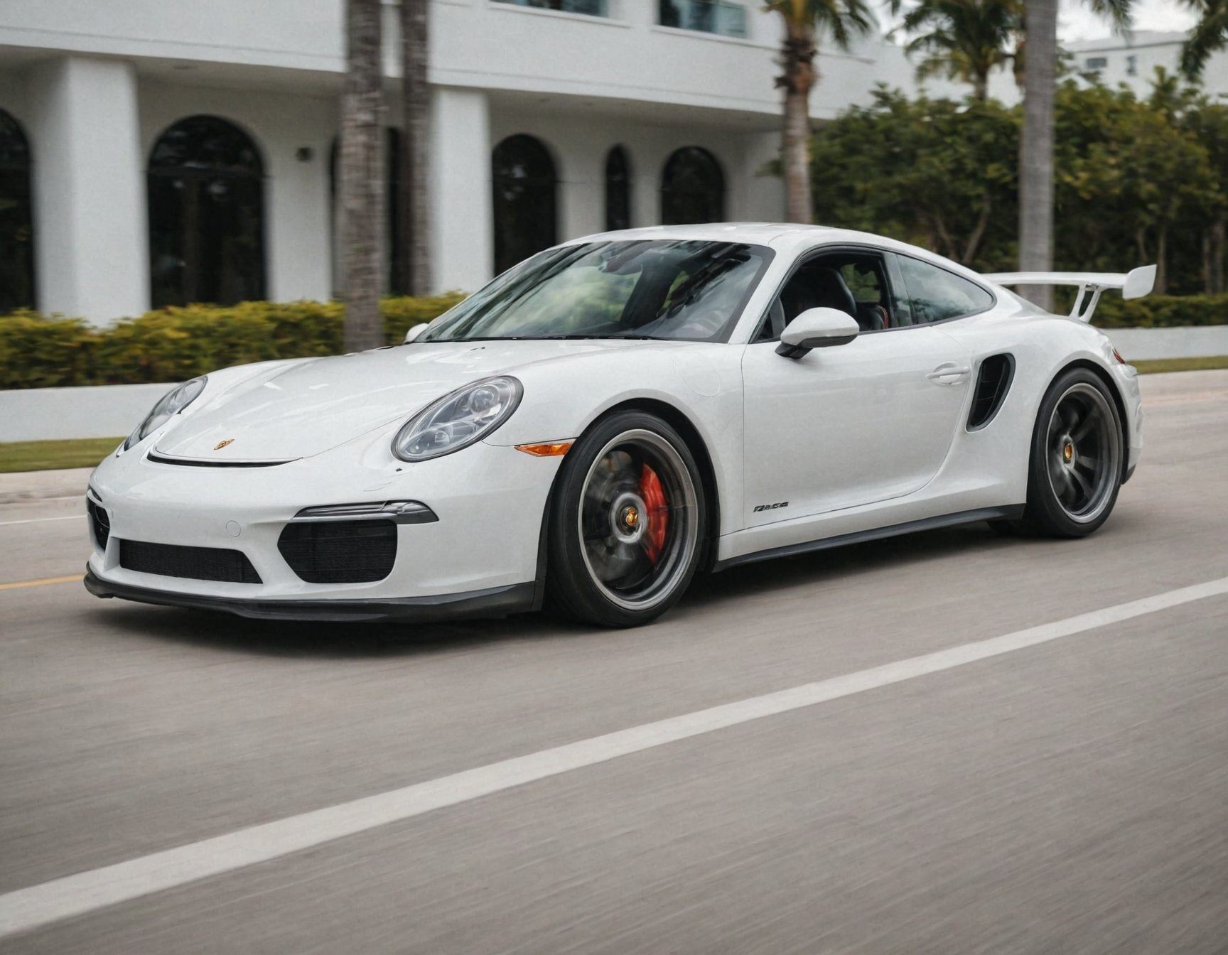 cinematic photo of white Porsche in Miami, perfect lighting, vibrant, high detailed, epic, movie still, motion blur, film grain